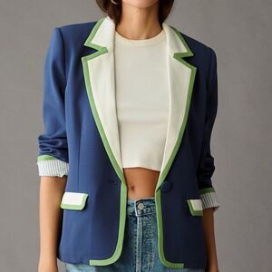 Anthropologie Maeve Navy and White Blazer with Lime Accents